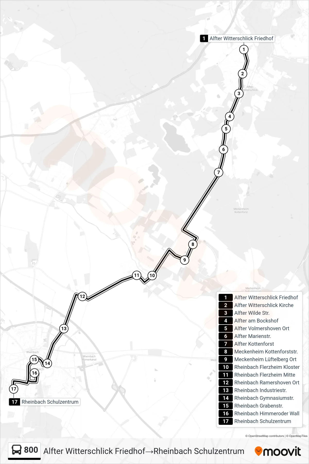 Linie 800 (Bus) Richtung Alfter Witterschlick Friedhof‎→Rheinbach Schulzentrum: Route und Haltestellen auf der Karte