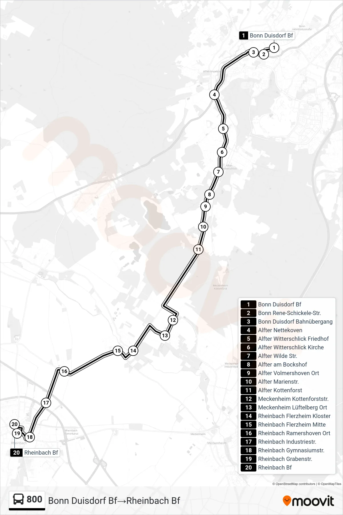 Linie 800 (Bus) Richtung Bonn Duisdorf Bf‎→Rheinbach Bf: Route und Haltestellen auf der Karte