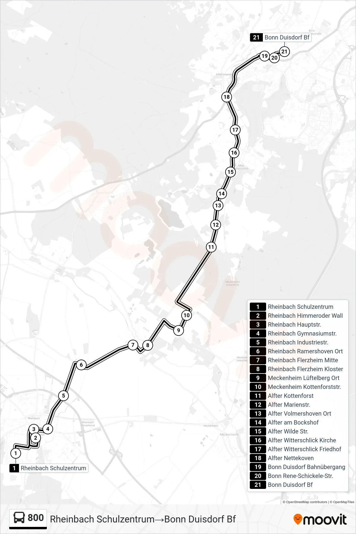 Linie 800 (Bus) Richtung Rheinbach Schulzentrum→Bonn Duisdorf Bf: Route und Haltestellen auf der Karte