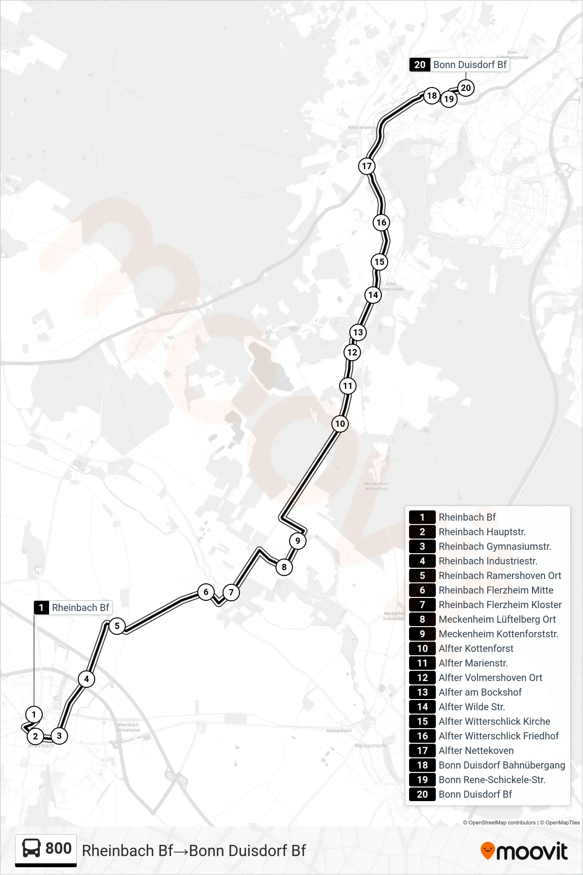 Linie 800 (Bus) Richtung Rheinbach Bf→Bonn Duisdorf Bf: Route und Haltestellen auf der Karte