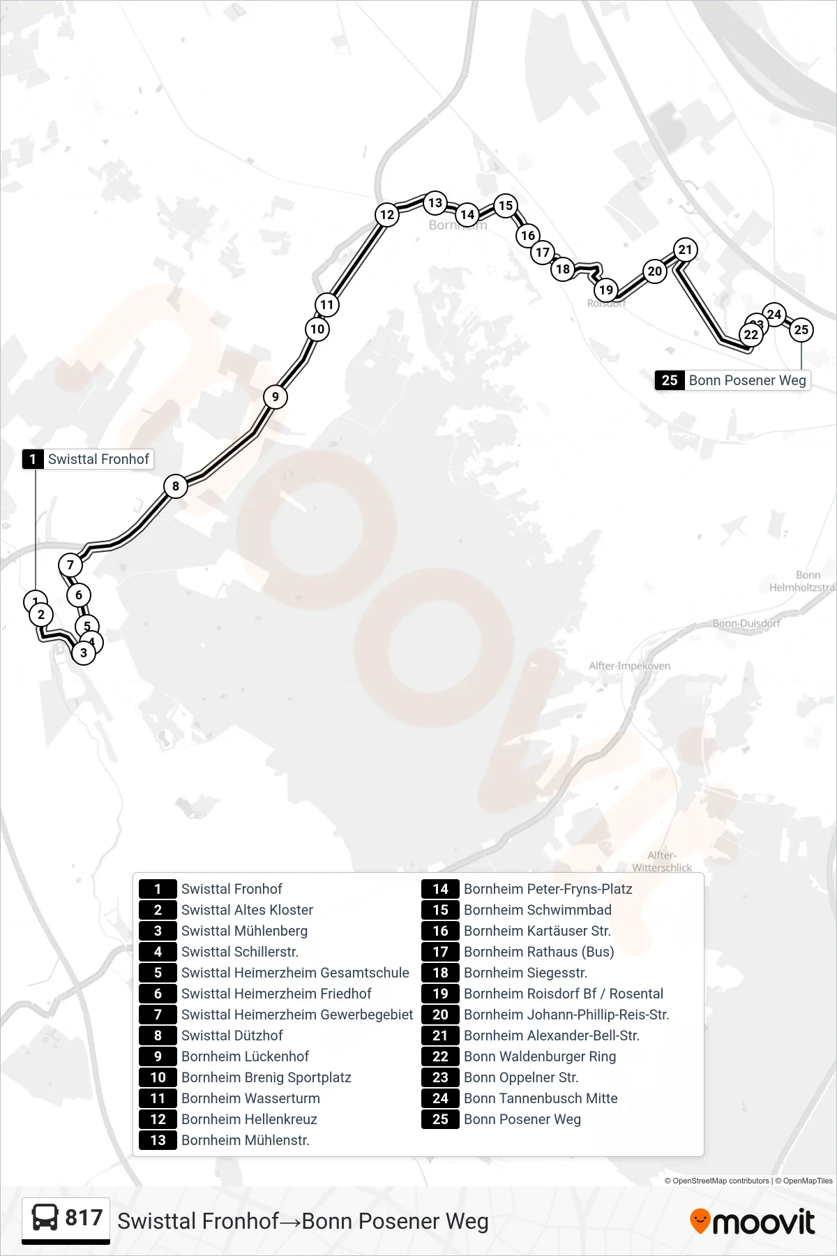 Linie 817 (Bus) Richtung Swisttal Fronhof‎→Bonn Posener Weg: Route und Haltestellen auf der Karte