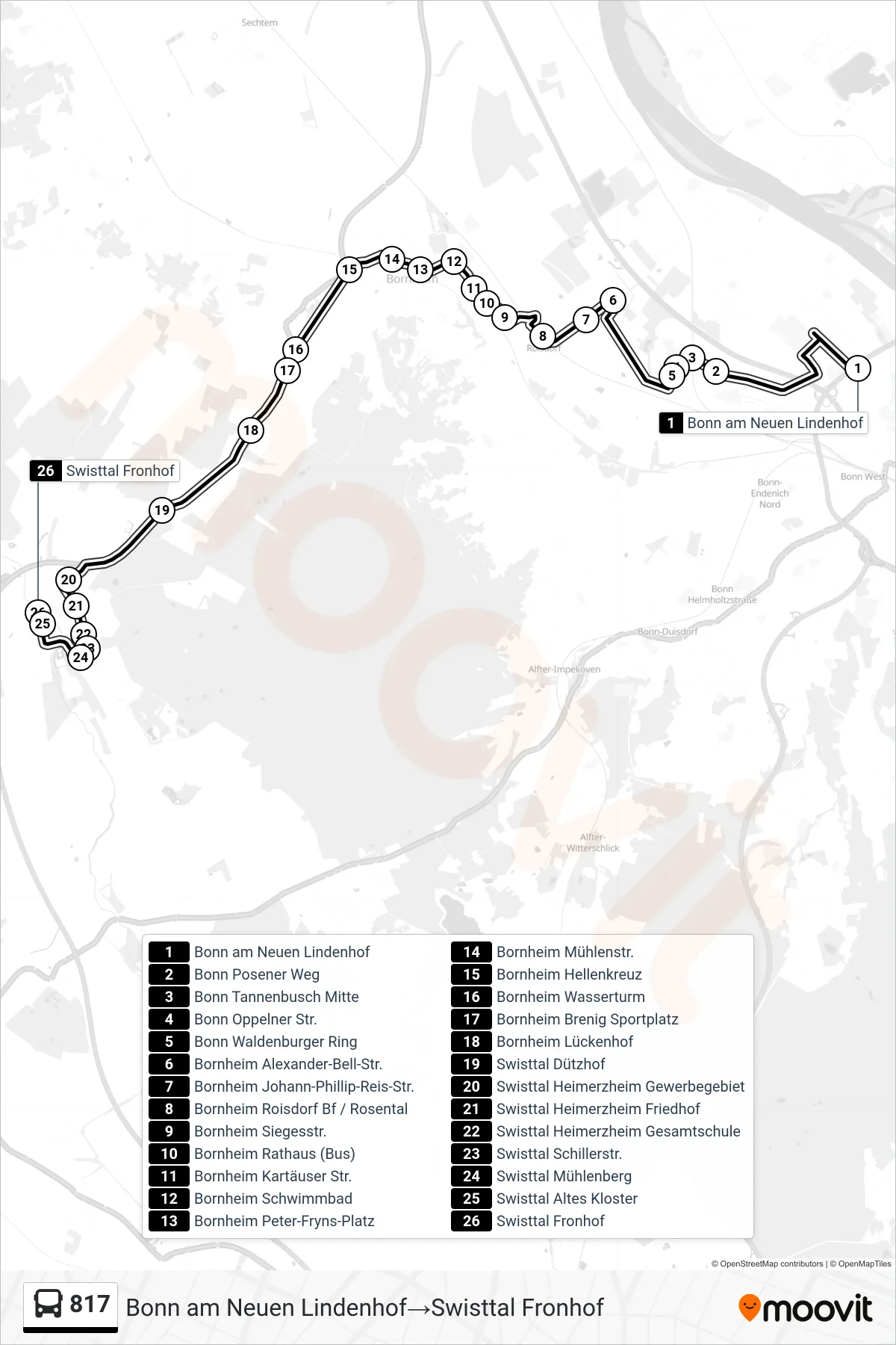 Linie 817 (Bus) Richtung Bonn am Neuen Lindenhof→Swisttal Fronhof: Route und Haltestellen auf der Karte