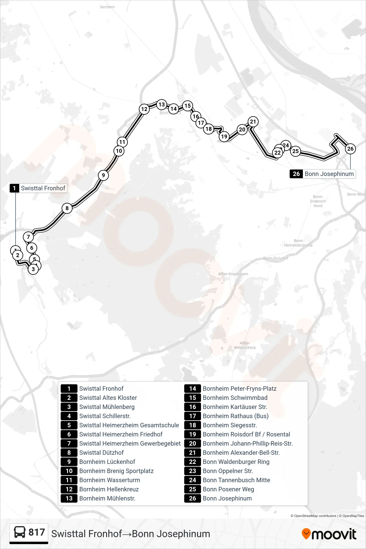 Linie 817 (Bus) Richtung Swisttal Fronhof→Bonn Josephinum: Route und Haltestellen auf der Karte