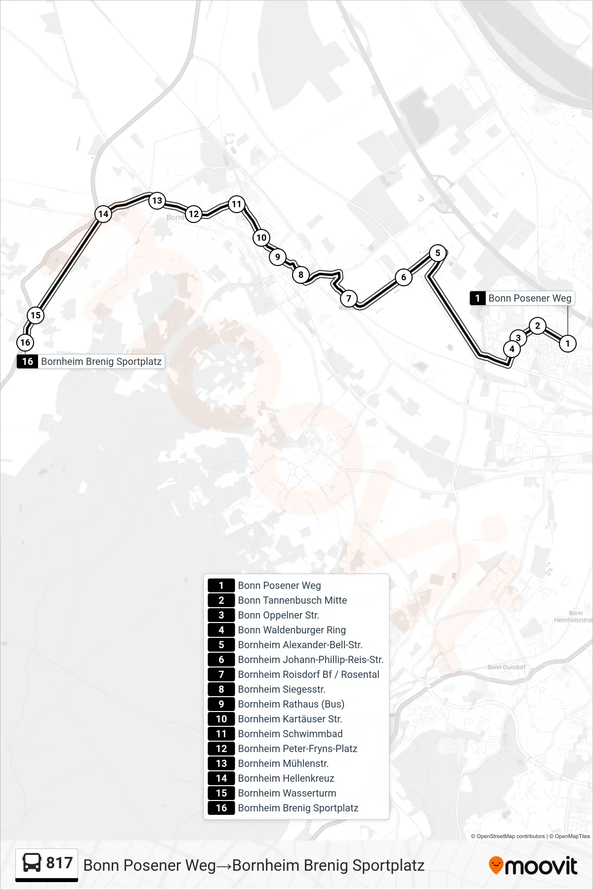 817 bus Line (Bonn Posener Weg→Bornheim Brenig Sportplatz) route and stops on a map
