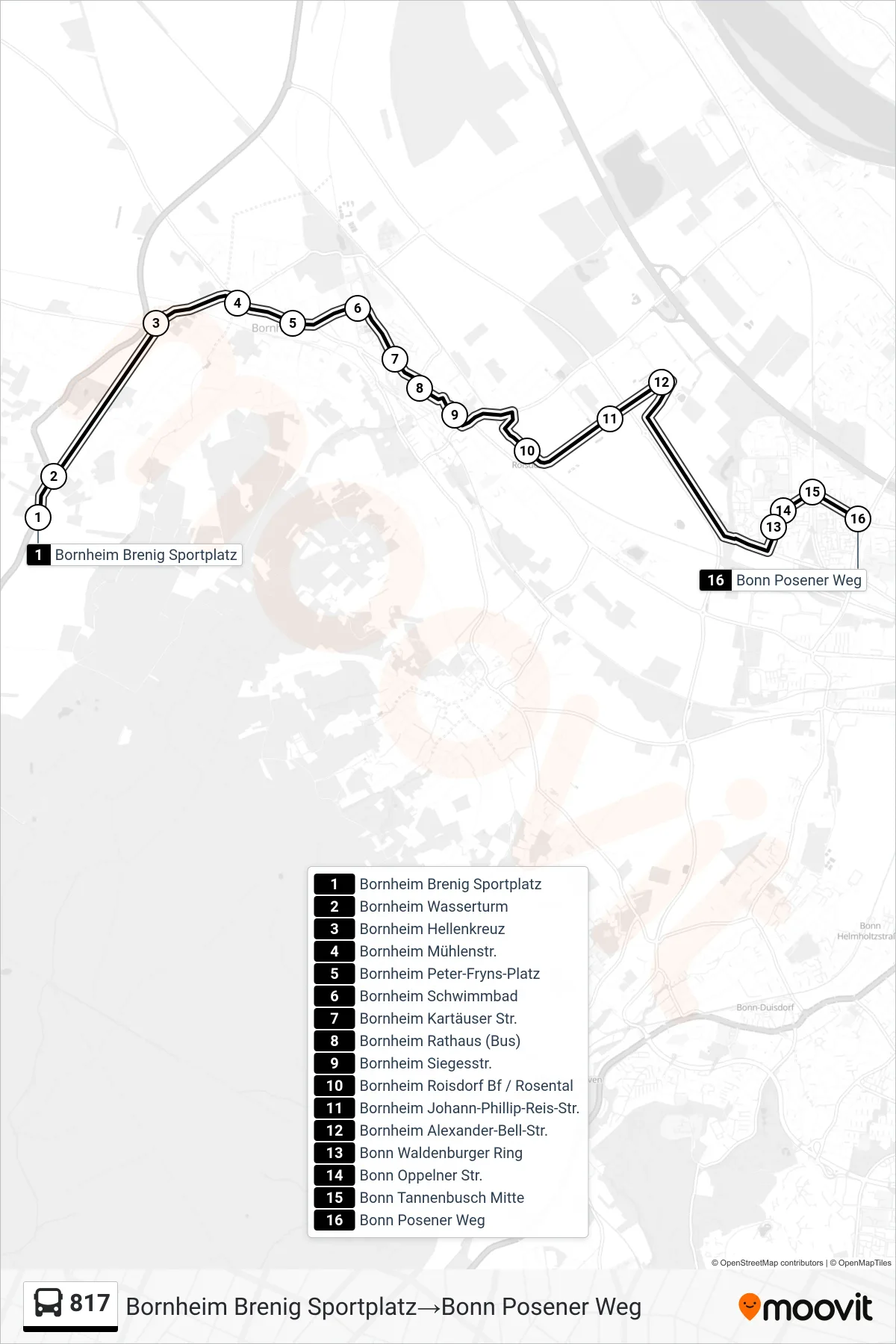 Linie 817 (Bus) Richtung Bornheim Brenig Sportplatz→Bonn Posener Weg: Route und Haltestellen auf der Karte