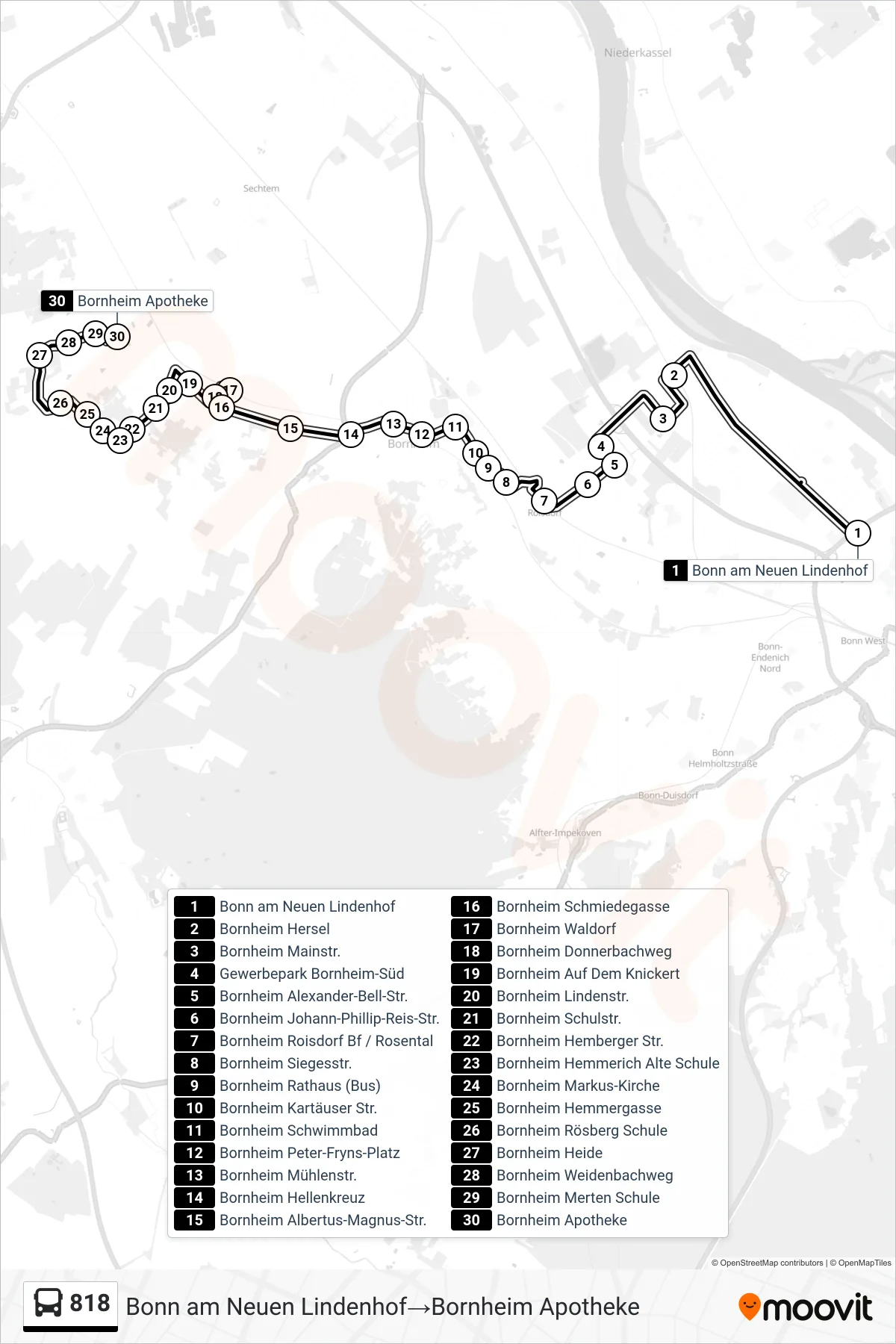 818 bus Line (Bonn am Neuen Lindenhof→Bornheim Apotheke) route and stops on a map