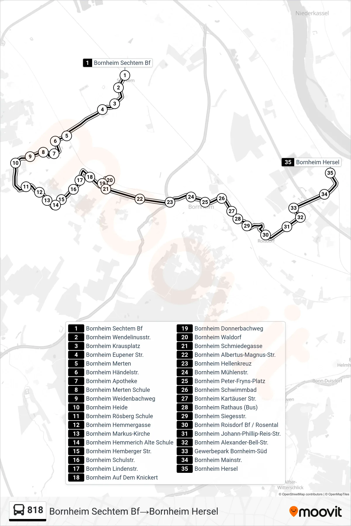 Linie 818 (Bus) Richtung Bornheim Sechtem Bf→Bornheim Hersel: Route und Haltestellen auf der Karte