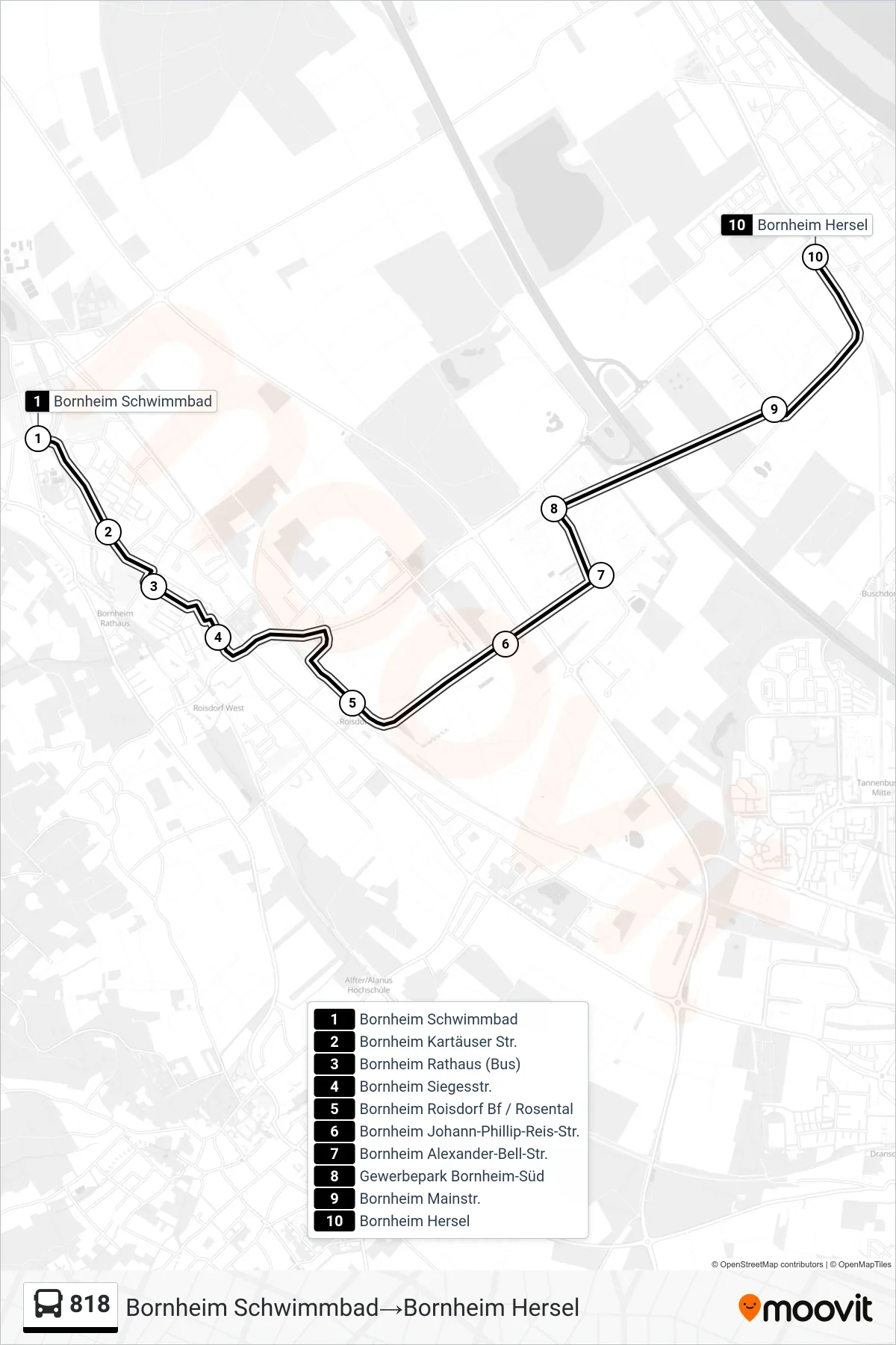 Linie 818 (Bus) Richtung Bornheim Schwimmbad→Bornheim Hersel: Route und Haltestellen auf der Karte