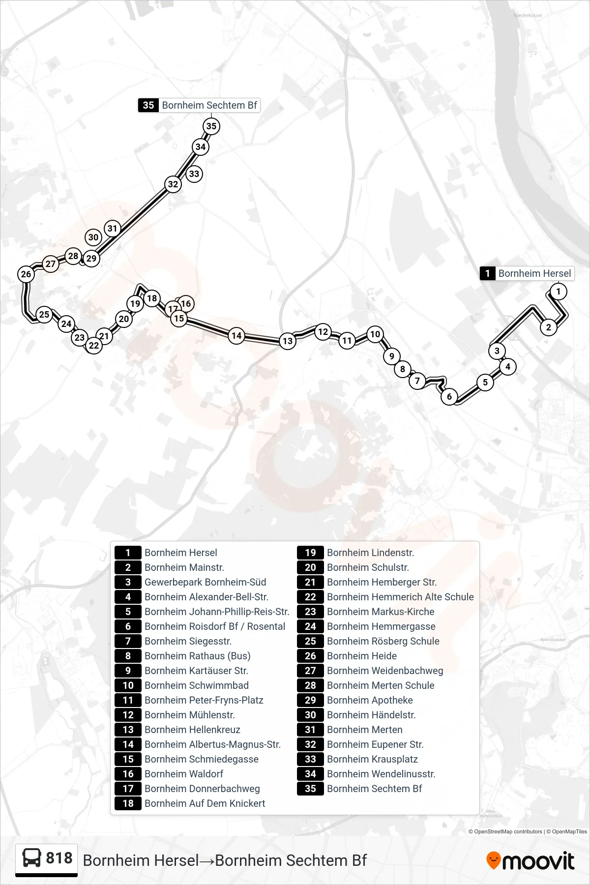Linie 818 (Bus) Richtung Bornheim Hersel→Bornheim Sechtem Bf: Route und Haltestellen auf der Karte
