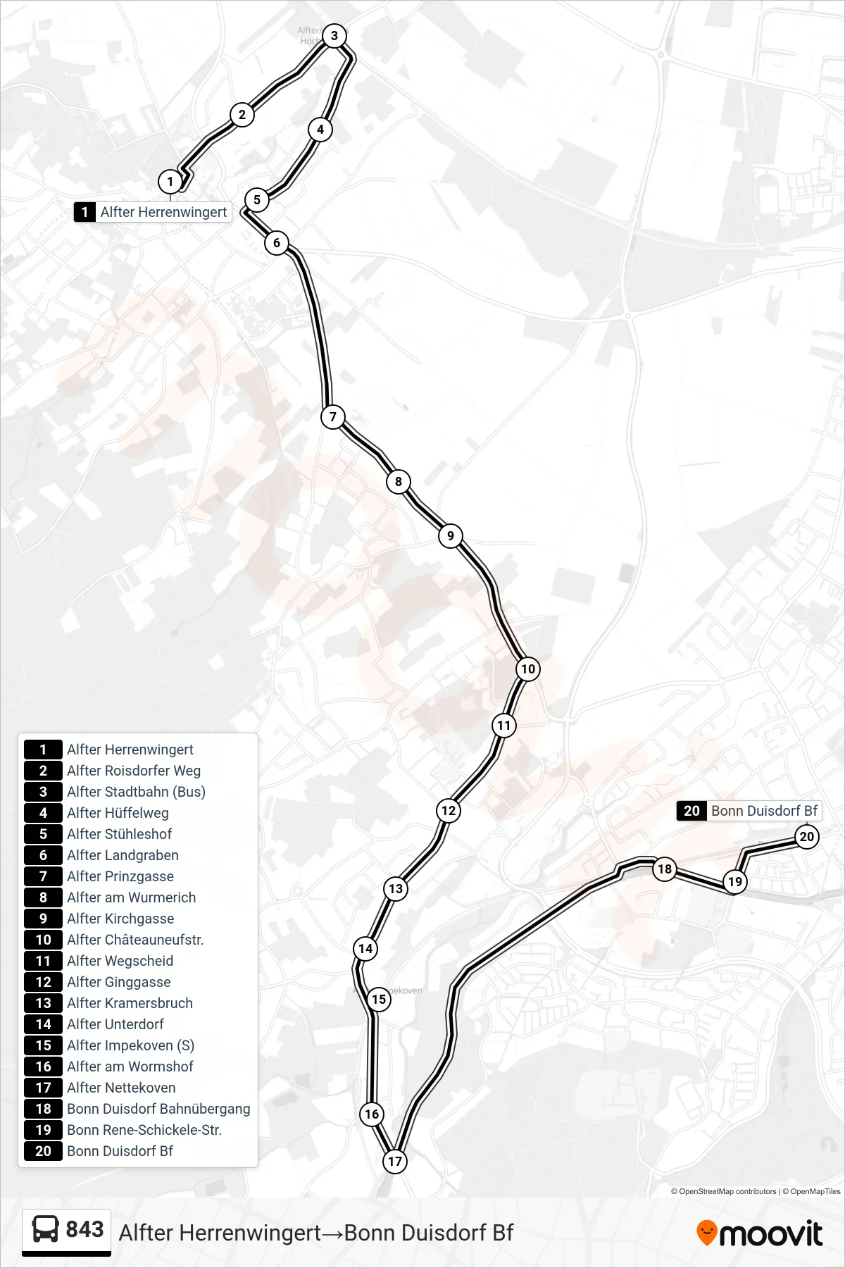 Linie 843 (Bus) Richtung Alfter Herrenwingert→Bonn Duisdorf Bf: Route und Haltestellen auf der Karte