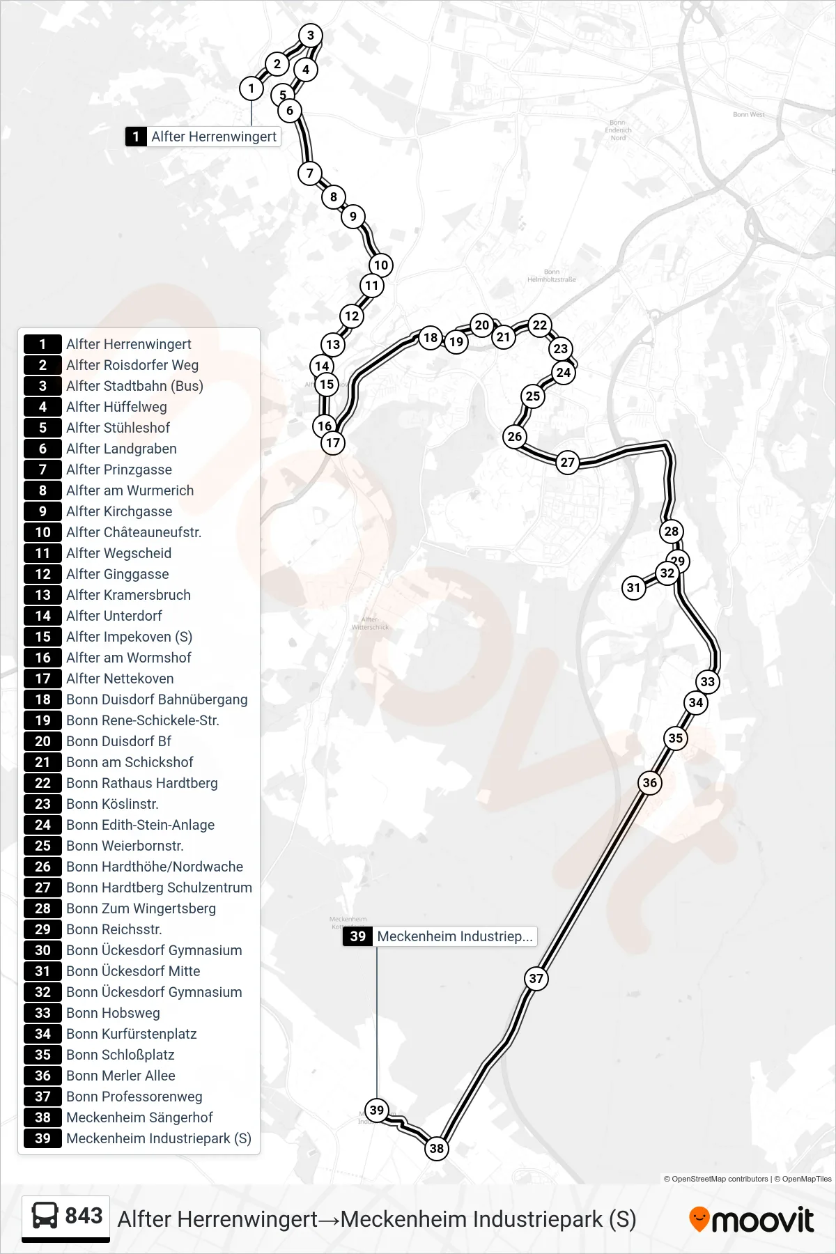 Linie 843 (Bus) Richtung Alfter Herrenwingert→Meckenheim Industriepark (S): Route und Haltestellen auf der Karte