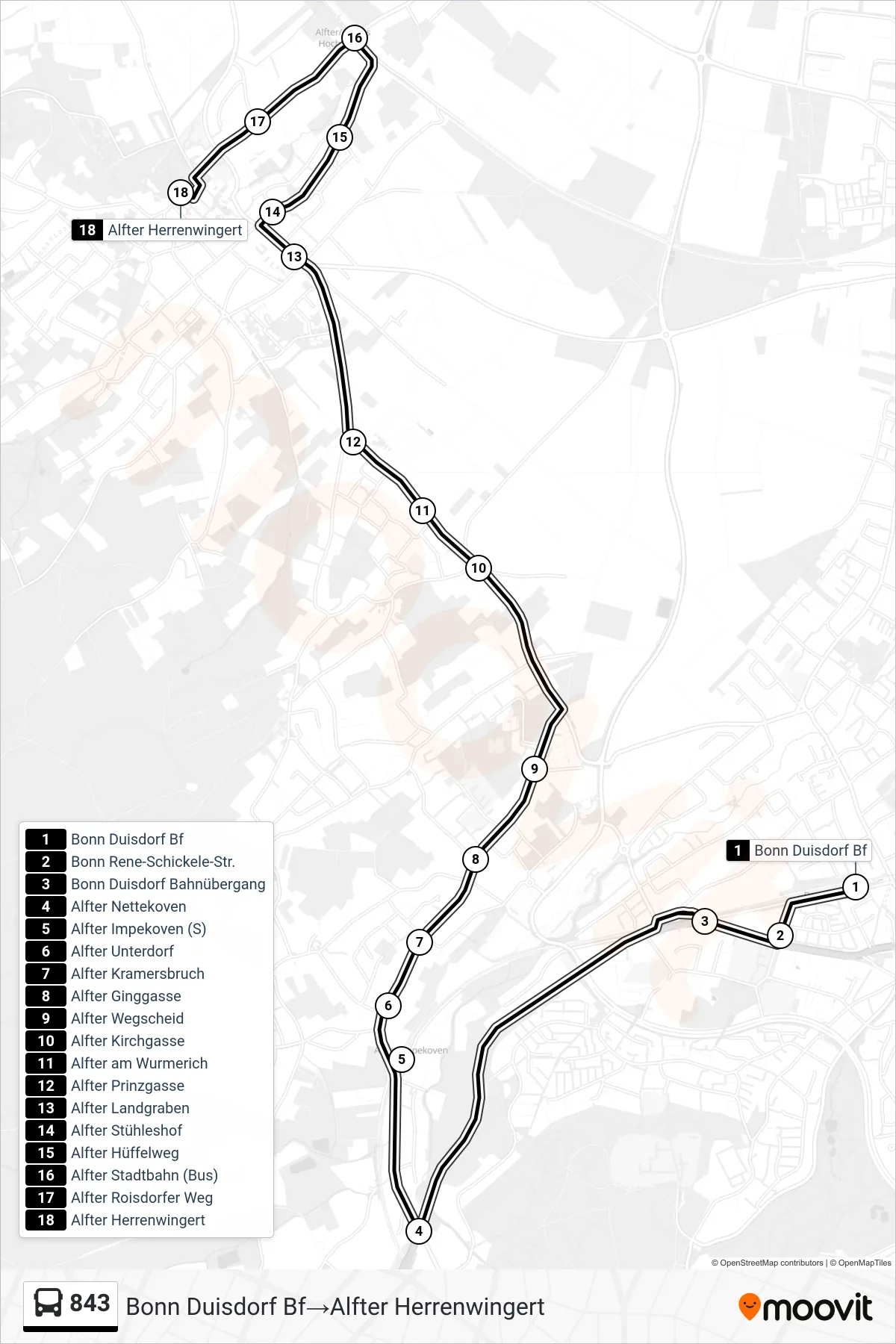 Linie 843 (Bus) Richtung Bonn Duisdorf Bf→Alfter Herrenwingert: Route und Haltestellen auf der Karte