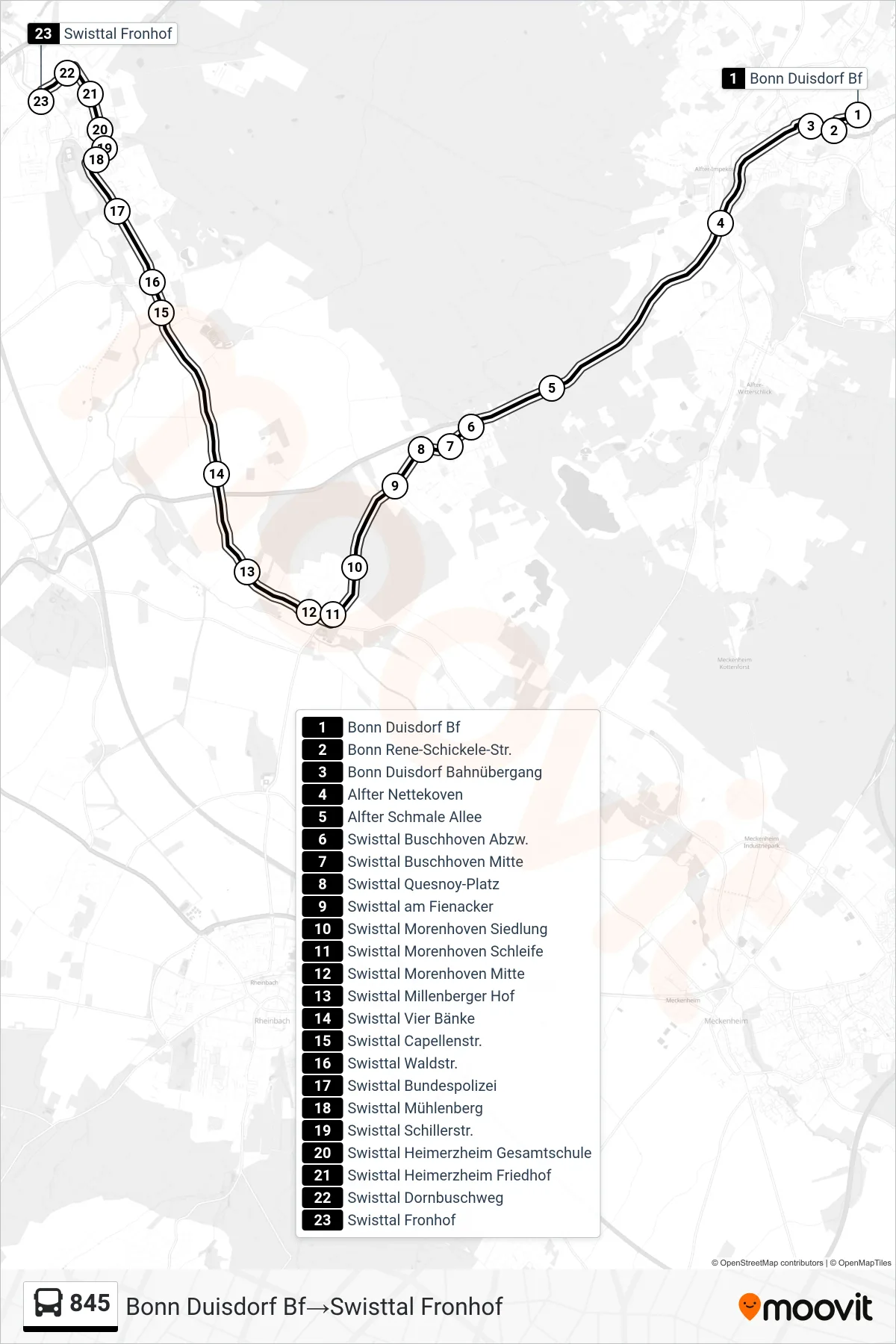 Linie 845 (Bus) Richtung Bonn Duisdorf Bf→Swisttal Fronhof: Route und Haltestellen auf der Karte
