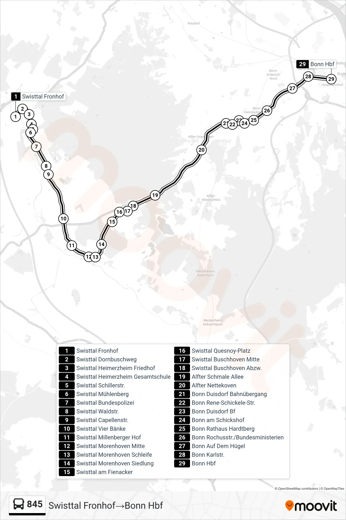 Linie 845 (Bus) Richtung Swisttal Fronhof→Bonn Hbf: Route und Haltestellen auf der Karte