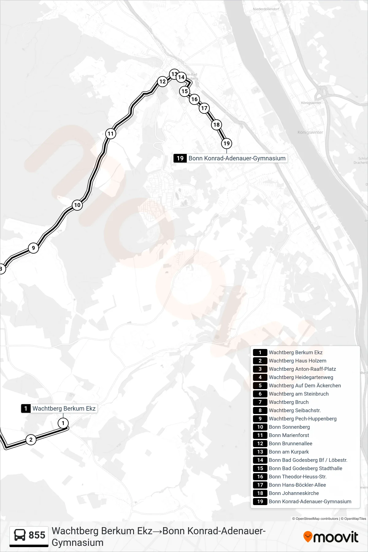 Linie 855 (Bus) Richtung Wachtberg Berkum Ekz→Bonn Konrad-Adenauer-Gymnasium: Route und Haltestellen auf der Karte