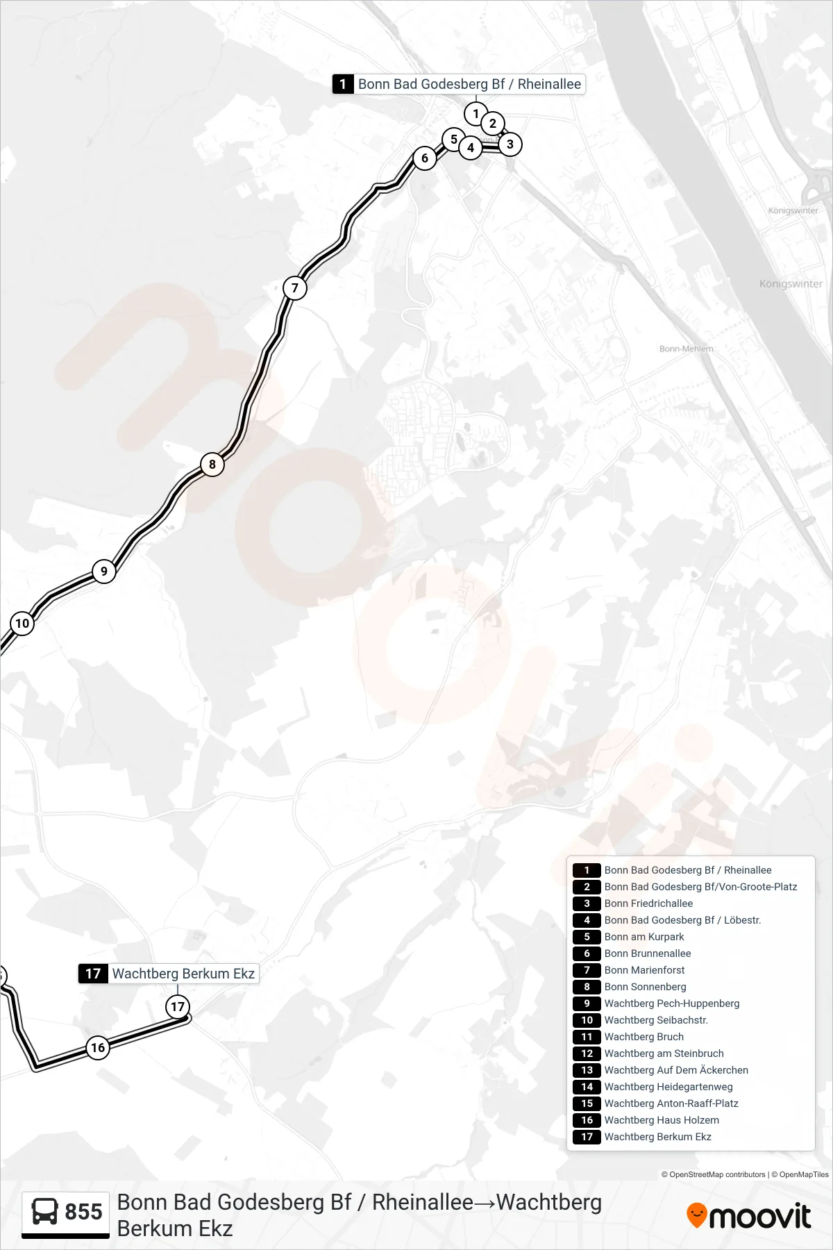 Linie 855 (Bus) Richtung Bonn Bad Godesberg Bf / Rheinallee‎→Wachtberg Berkum Ekz: Route und Haltestellen auf der Karte
