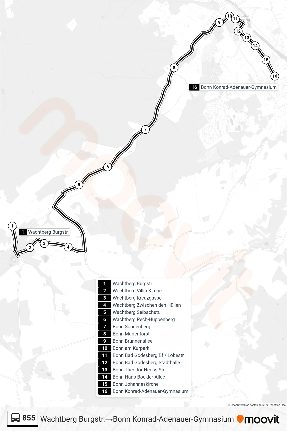 Linie 855 (Bus) Richtung Wachtberg Burgstr.→Bonn Konrad-Adenauer-Gymnasium: Route und Haltestellen auf der Karte