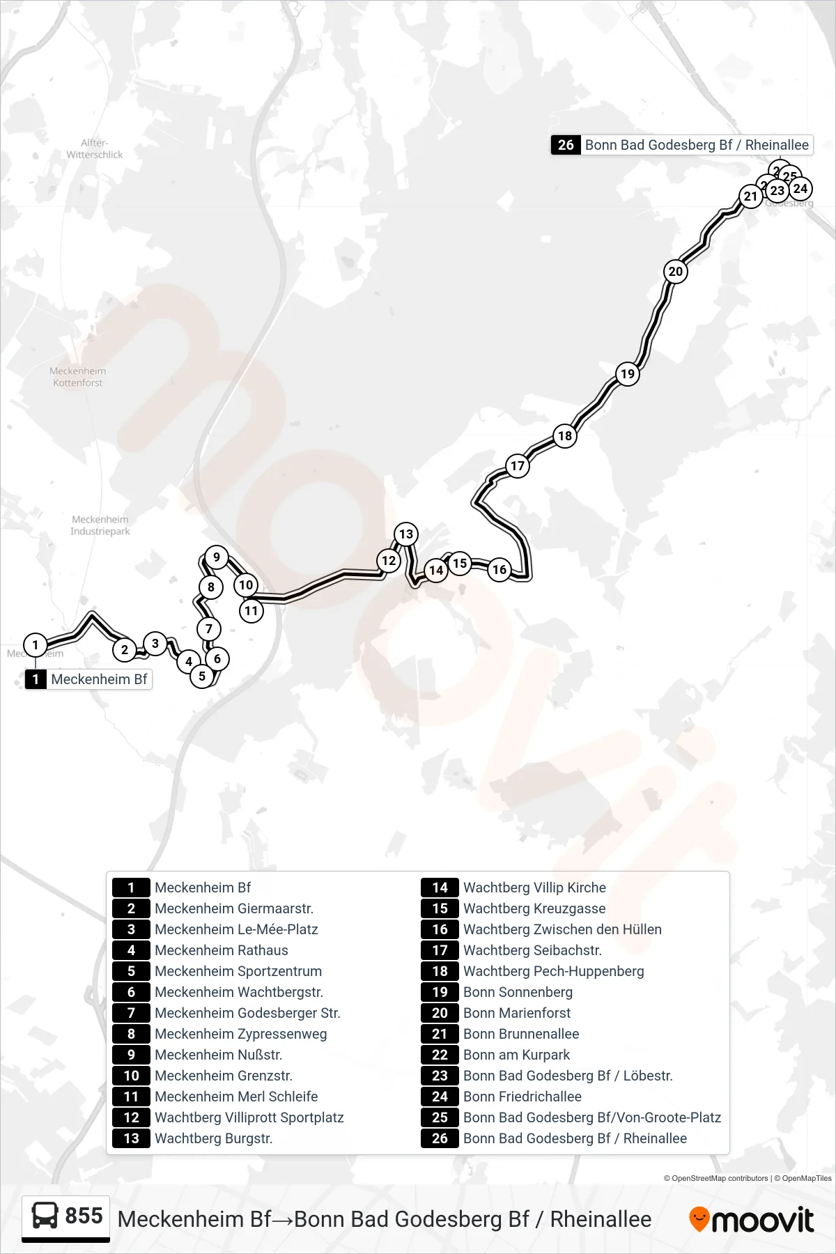 Linie 855 (Bus) Richtung Meckenheim Bf→Bonn Bad Godesberg Bf / Rheinallee: Route und Haltestellen auf der Karte