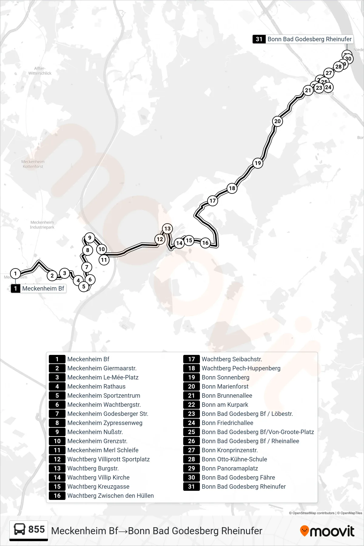 Linie 855 (Bus) Richtung Meckenheim Bf→Bonn Bad Godesberg Rheinufer: Route und Haltestellen auf der Karte