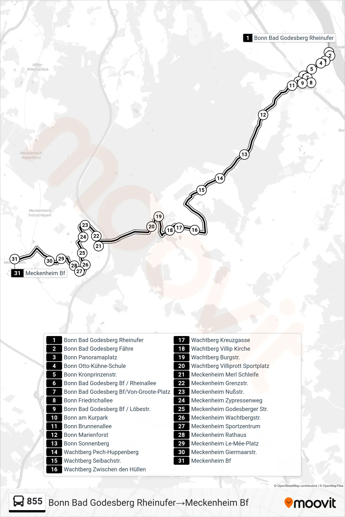 Linie 855 (Bus) Richtung Bonn Bad Godesberg Rheinufer→Meckenheim Bf: Route und Haltestellen auf der Karte