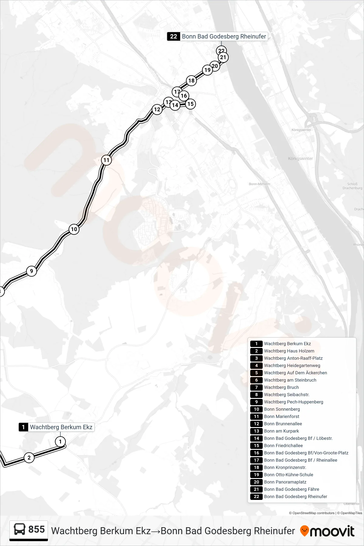 Linie 855 (Bus) Richtung Wachtberg Berkum Ekz→Bonn Bad Godesberg Rheinufer: Route und Haltestellen auf der Karte