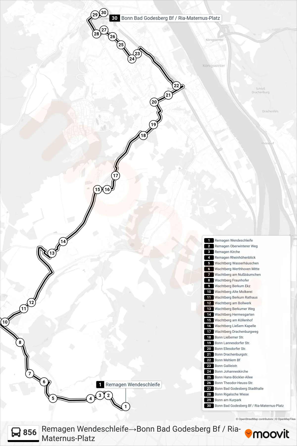856 bus Line (Remagen Wendeschleife→Bonn Bad Godesberg Bf / Ria-Maternus-Platz) route and stops on a map