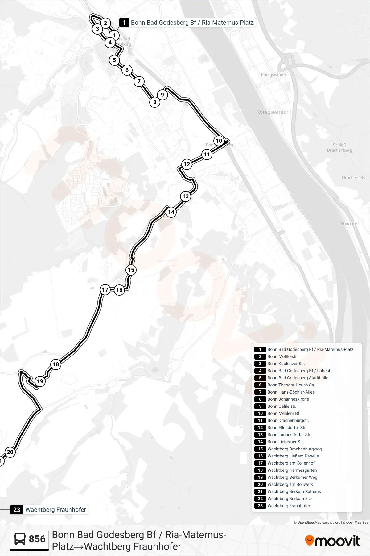 856 bus Line (Bonn Bad Godesberg Bf / Ria-Maternus-Platz→Wachtberg Fraunhofer) route and stops on a map