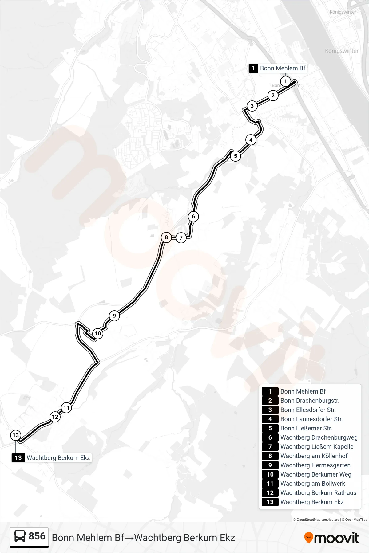 Linie 856 (Bus) Richtung Bonn Mehlem Bf→Wachtberg Berkum Ekz: Route und Haltestellen auf der Karte