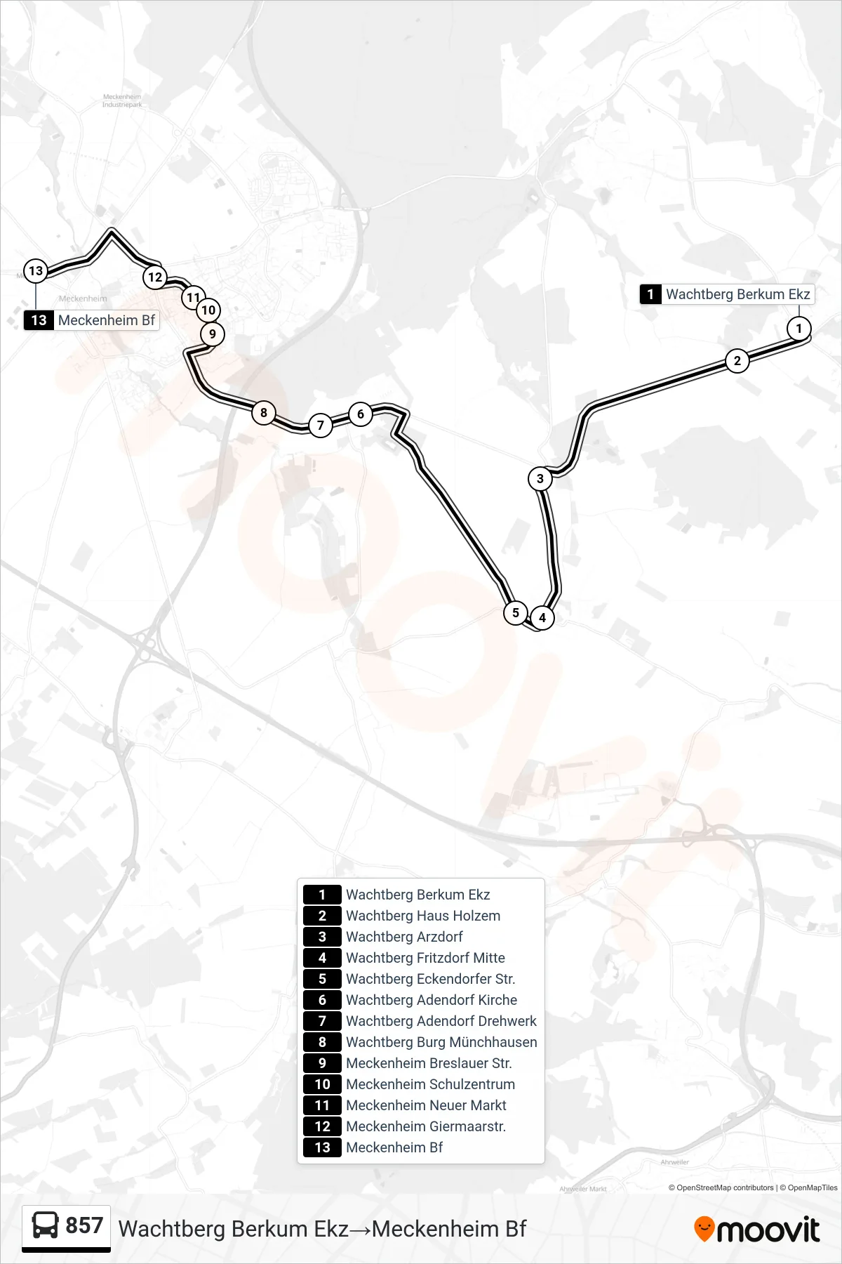 Linie 857 (Bus) Richtung Wachtberg Berkum Ekz→Meckenheim Bf: Route und Haltestellen auf der Karte