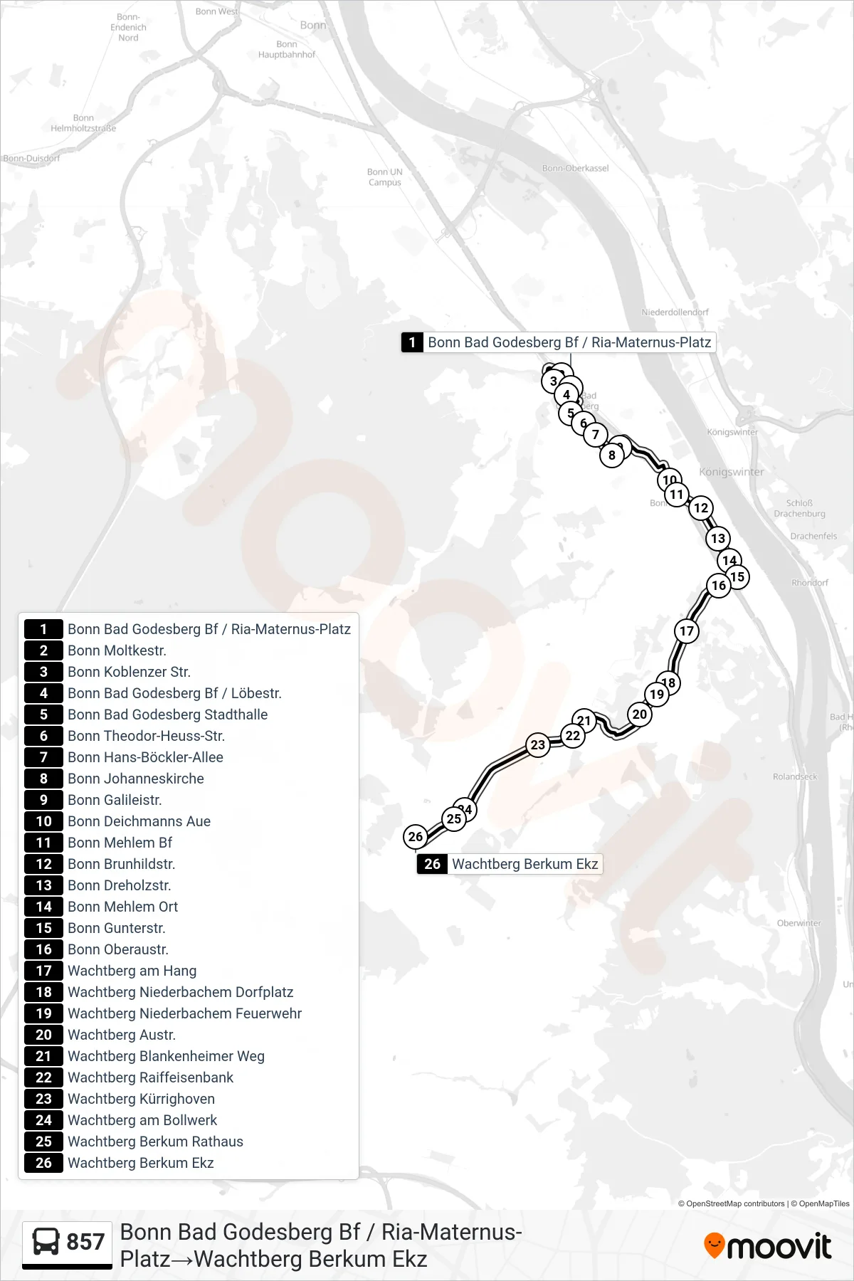 Linie 857 (Bus) Richtung Bonn Bad Godesberg Bf / Ria-Maternus-Platz→Wachtberg Berkum Ekz: Route und Haltestellen auf der Karte