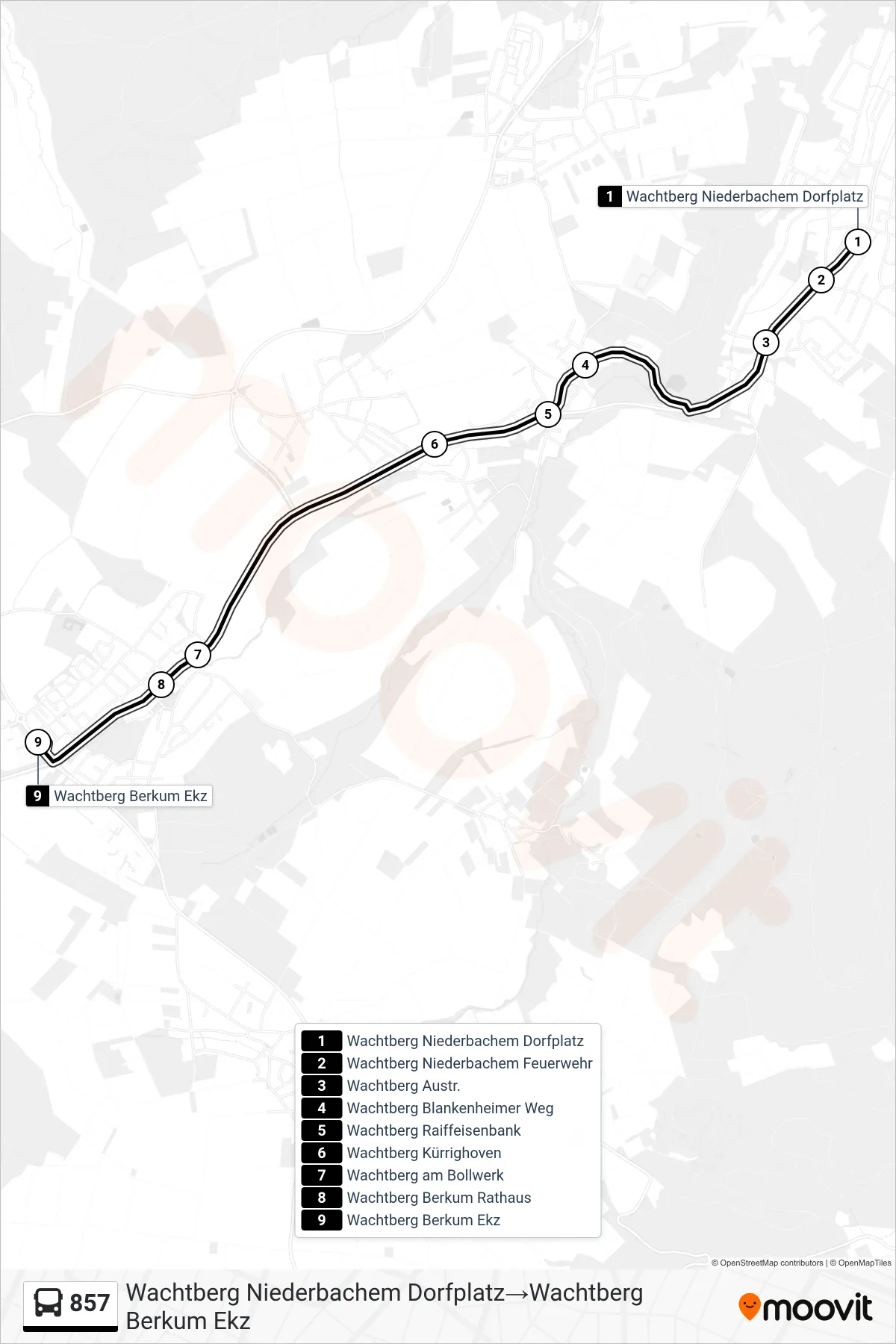 Linie 857 (Bus) Richtung Wachtberg Niederbachem Dorfplatz→Wachtberg Berkum Ekz: Route und Haltestellen auf der Karte
