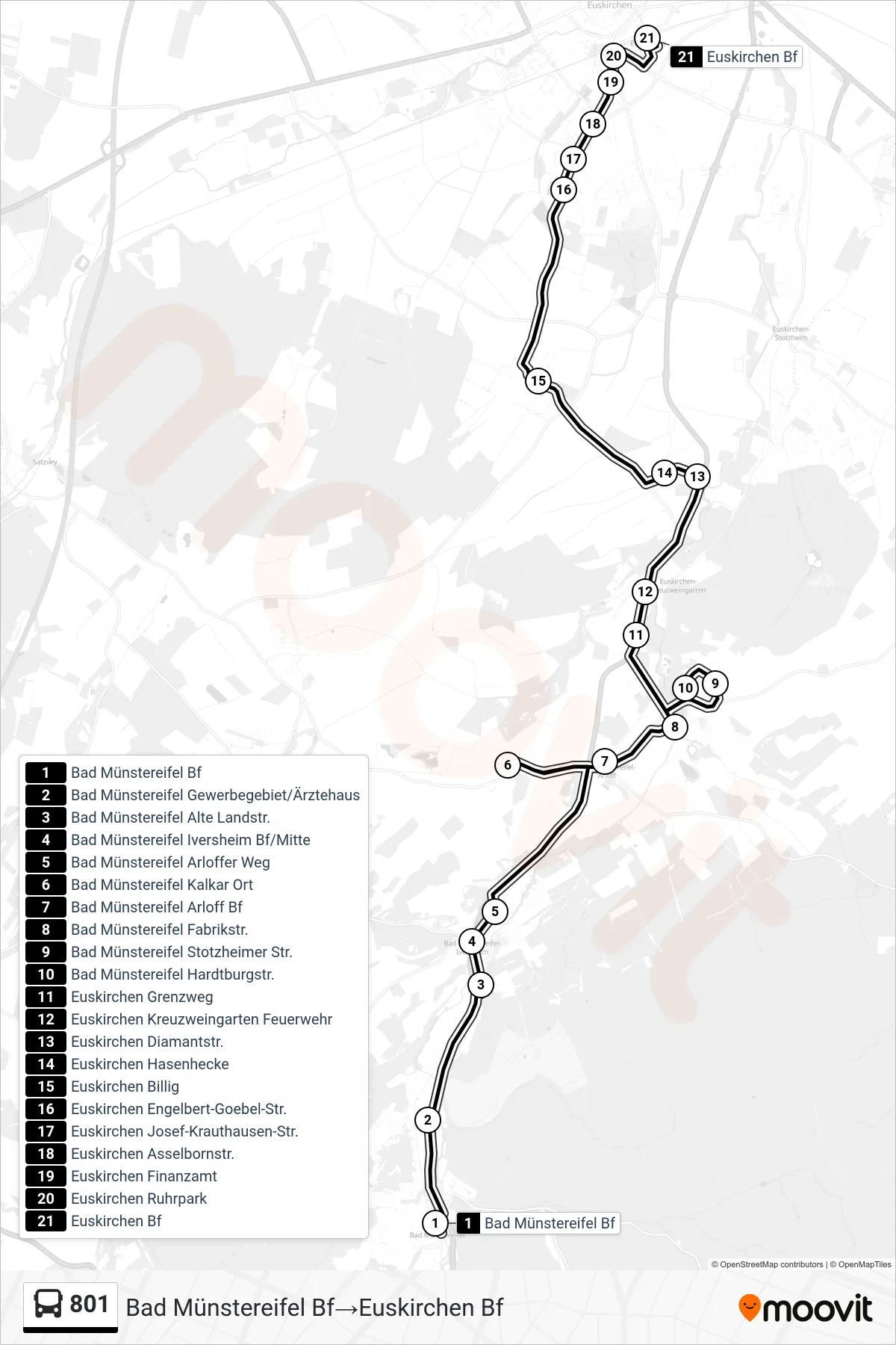 Linie 801 (Bus) Richtung Bad Münstereifel Bf‎→Euskirchen Bf: Route und Haltestellen auf der Karte