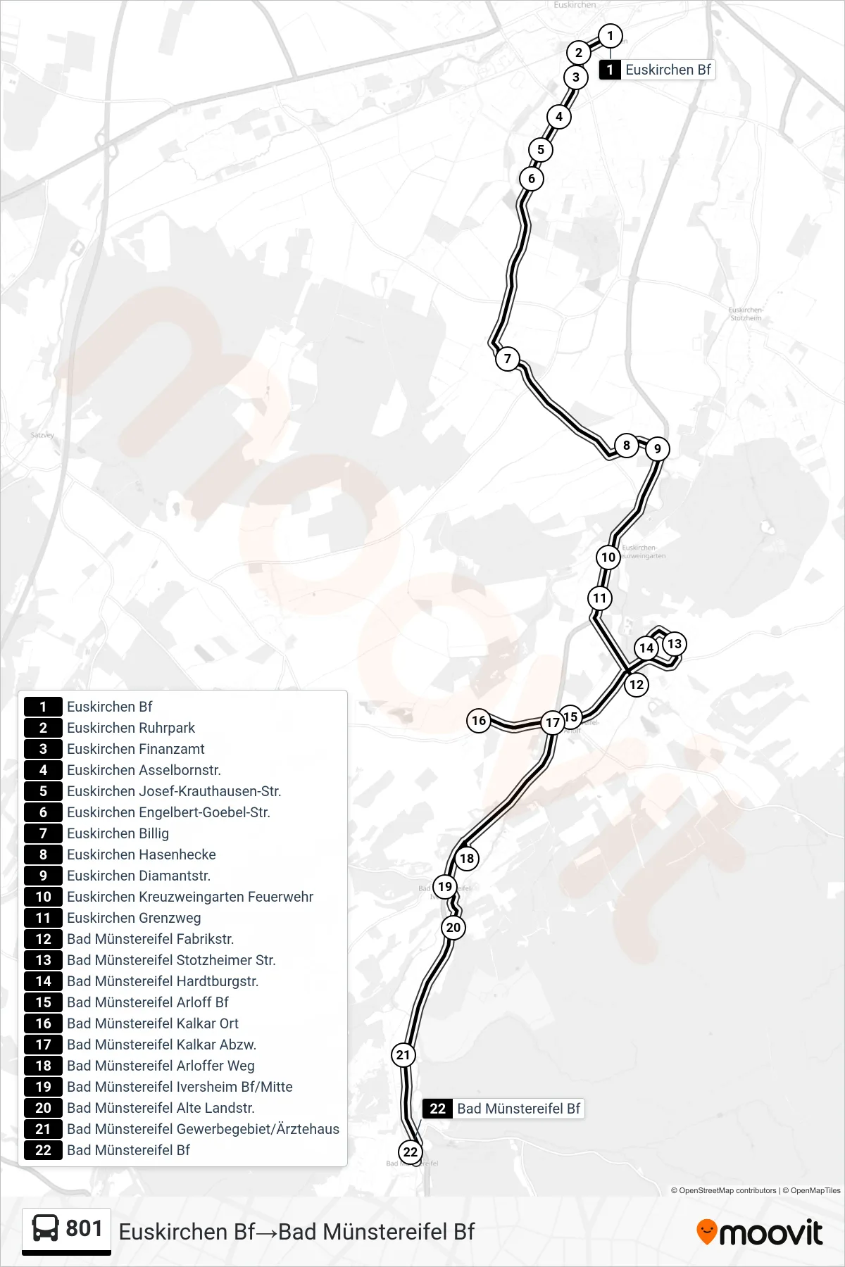 Linie 801 (Bus) Richtung Euskirchen Bf→Bad Münstereifel Bf: Route und Haltestellen auf der Karte
