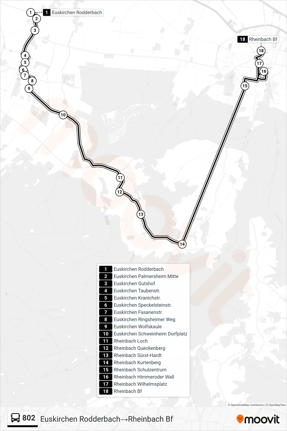 802 bus Line (Euskirchen Rodderbach→Rheinbach Bf) route and stops on a map