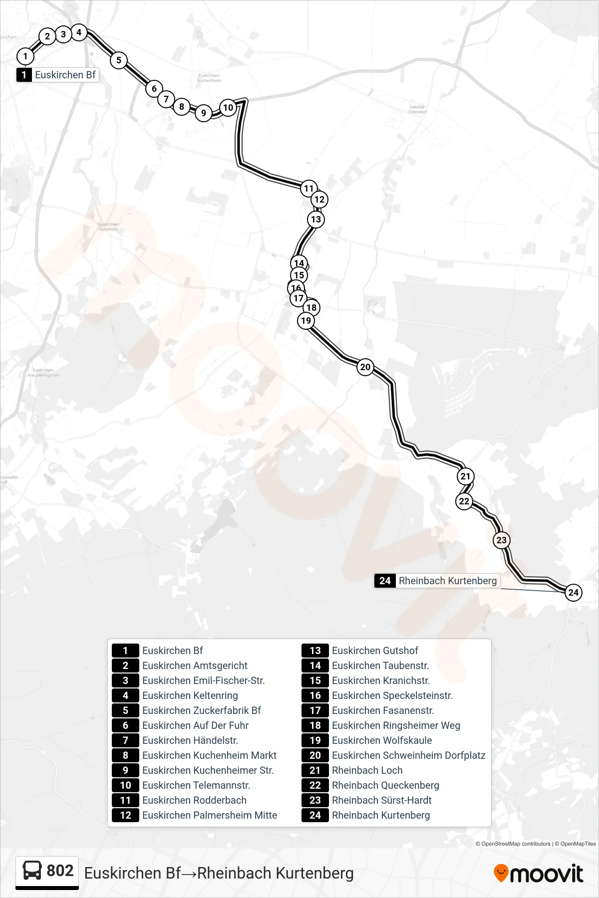 Linie 802 (Bus) Richtung Euskirchen Bf‎→Rheinbach Kurtenberg: Route und Haltestellen auf der Karte