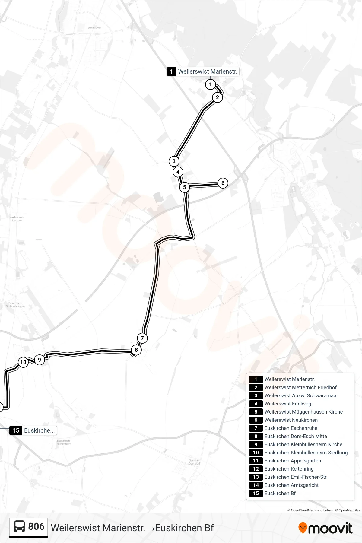 Linie 806 (Bus) Richtung Weilerswist Marienstr.→Euskirchen Bf: Route und Haltestellen auf der Karte