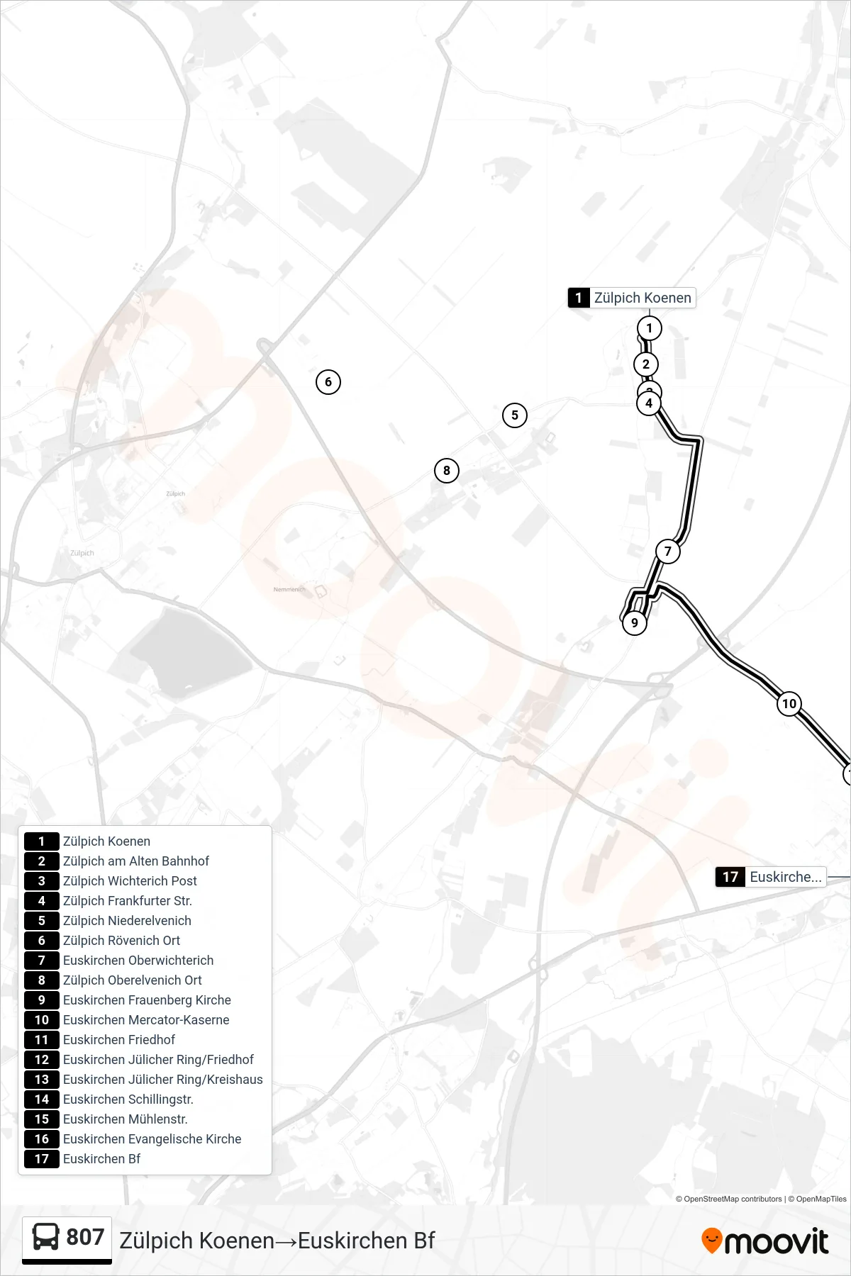 Linie 807 (Bus) Richtung Zülpich Koenen‎→Euskirchen Bf: Route und Haltestellen auf der Karte