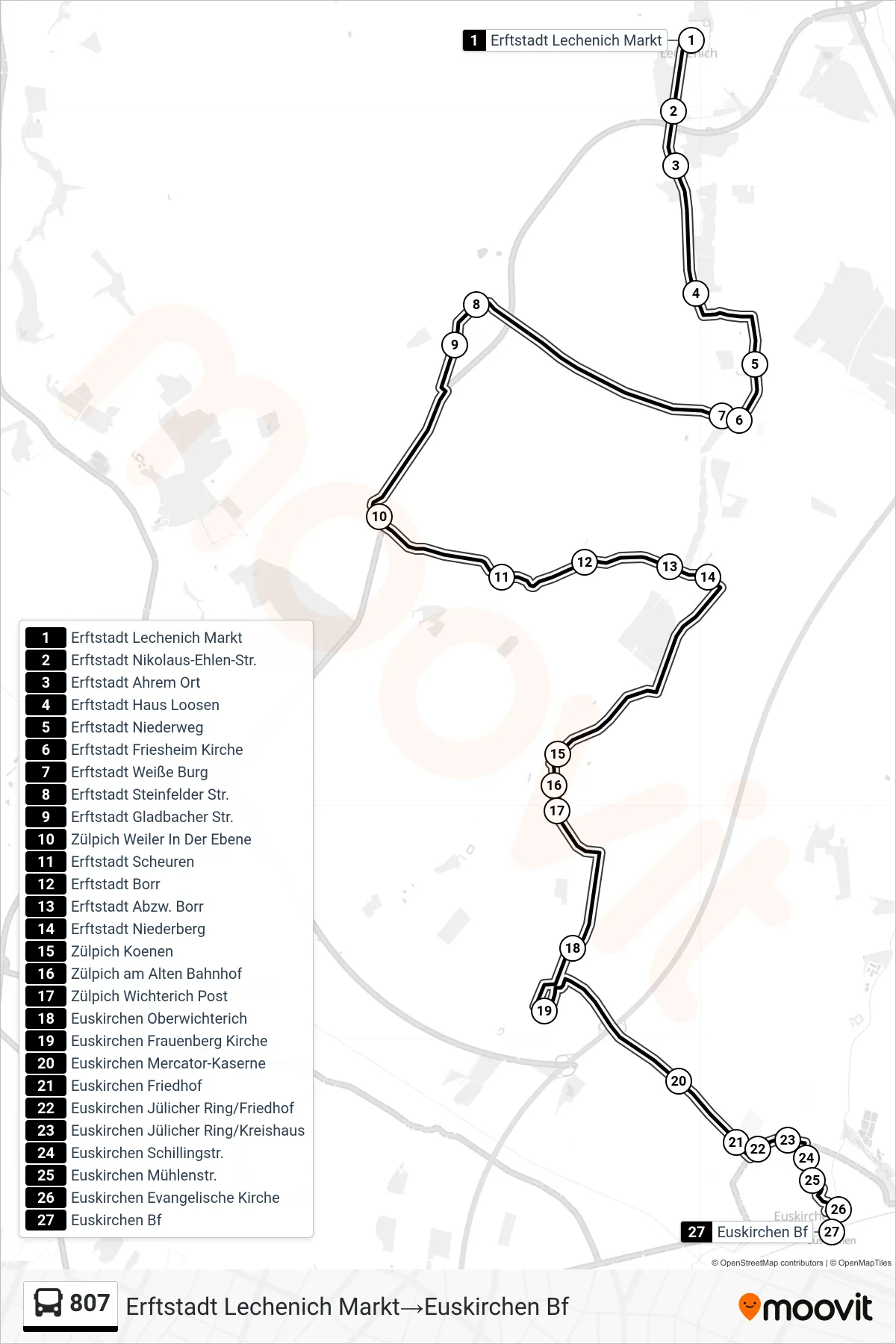 Linie 807 (Bus) Richtung Erftstadt Lechenich Markt‎→Euskirchen Bf: Route und Haltestellen auf der Karte