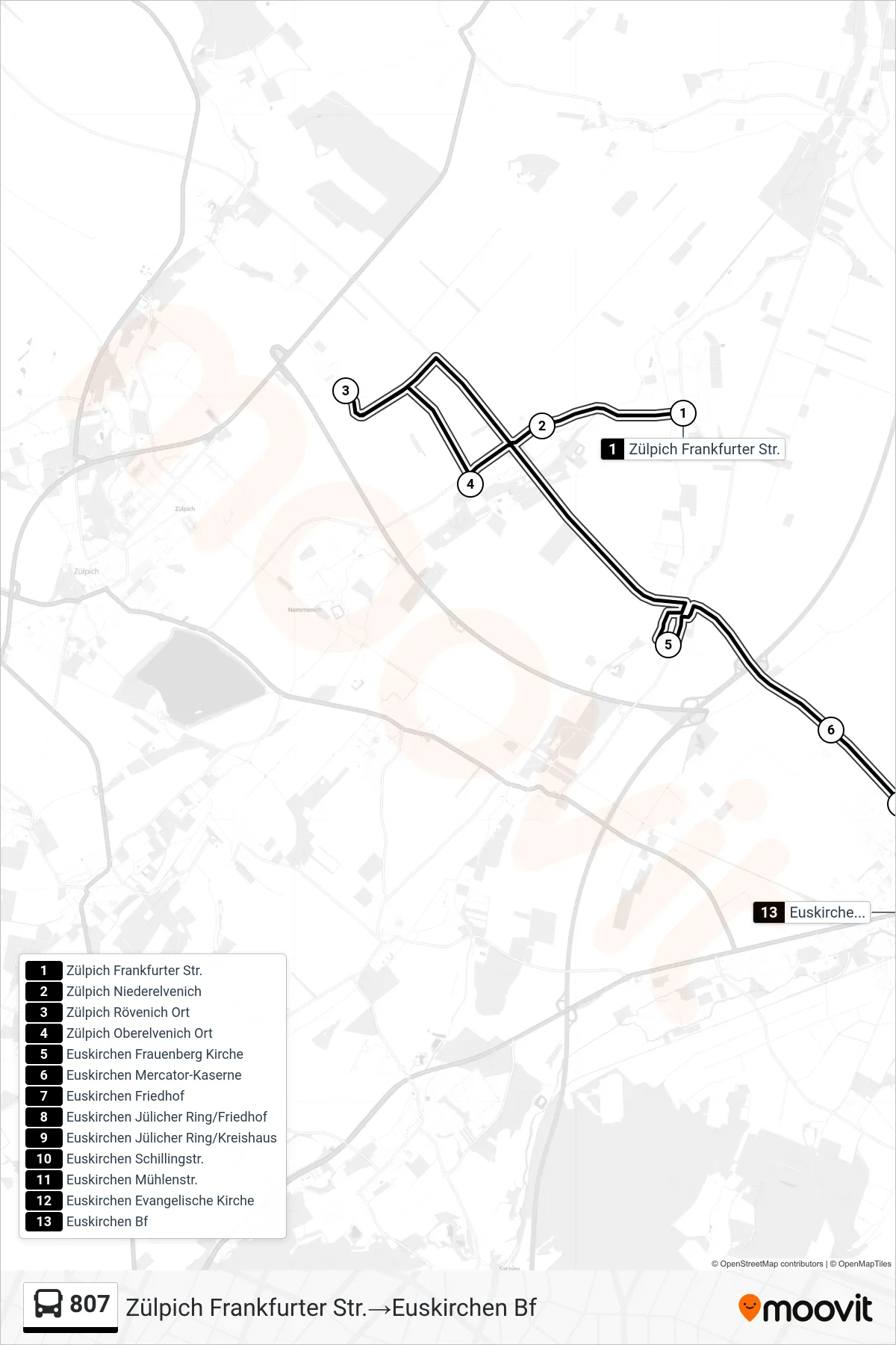 Linie 807 (Bus) Richtung Zülpich Frankfurter Str.‎→Euskirchen Bf: Route und Haltestellen auf der Karte