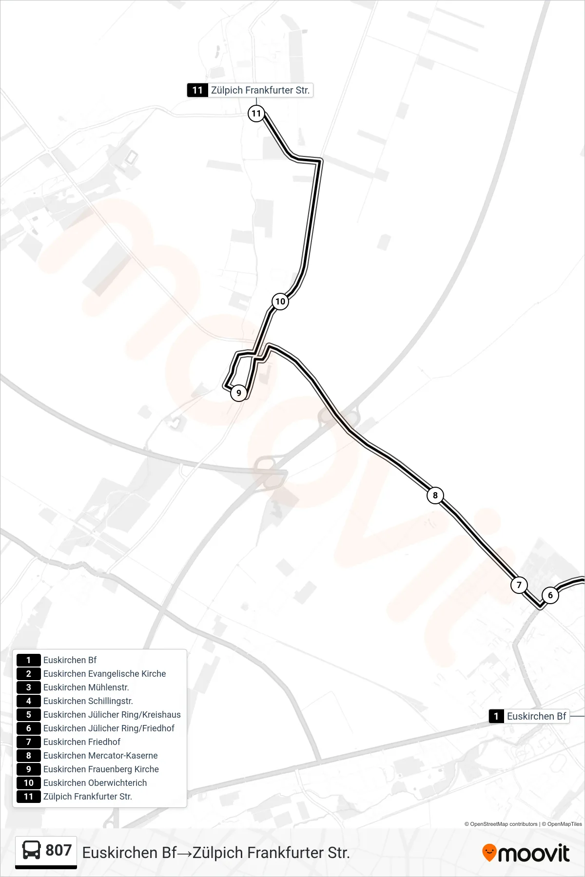 Linie 807 (Bus) Richtung Euskirchen Bf→Zülpich Frankfurter Str.: Route und Haltestellen auf der Karte