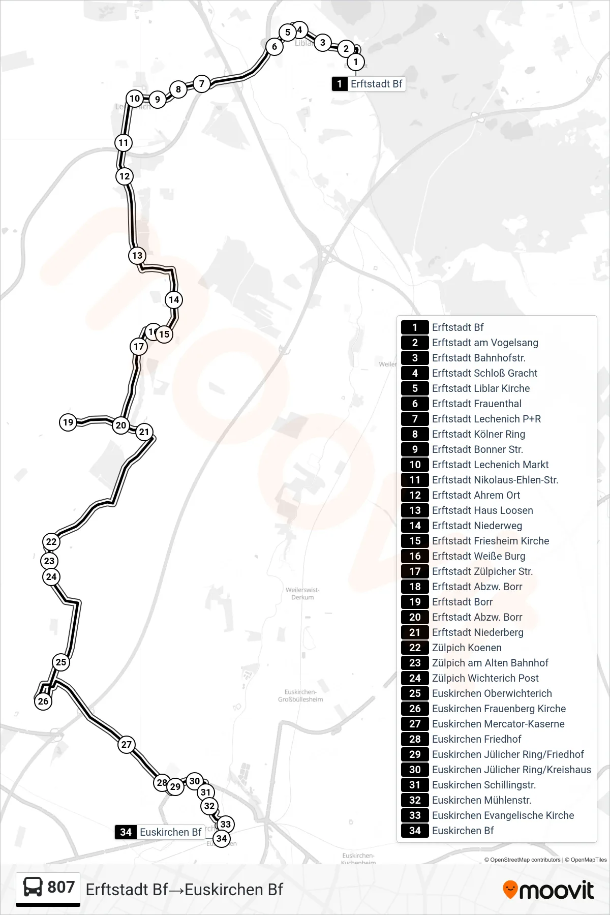 Linie 807 (Bus) Richtung Erftstadt Bf→Euskirchen Bf: Route und Haltestellen auf der Karte