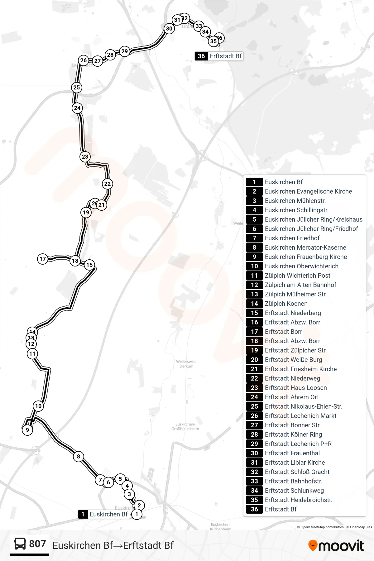 Linie 807 (Bus) Richtung Euskirchen Bf‎→Erftstadt Bf: Route und Haltestellen auf der Karte