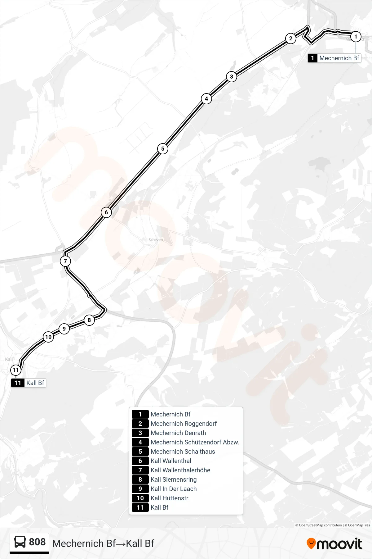 808 bus Line (Mechernich Bf→Kall Bf) route and stops on a map