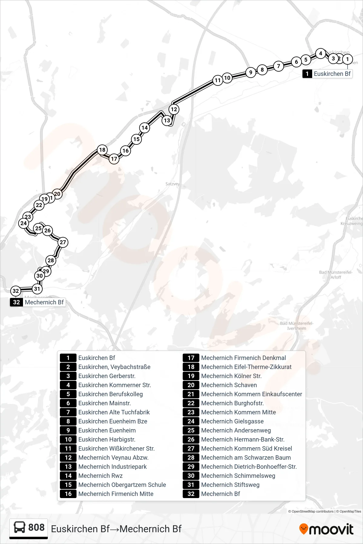 808 bus Line (Euskirchen Bf→Mechernich Bf) route and stops on a map