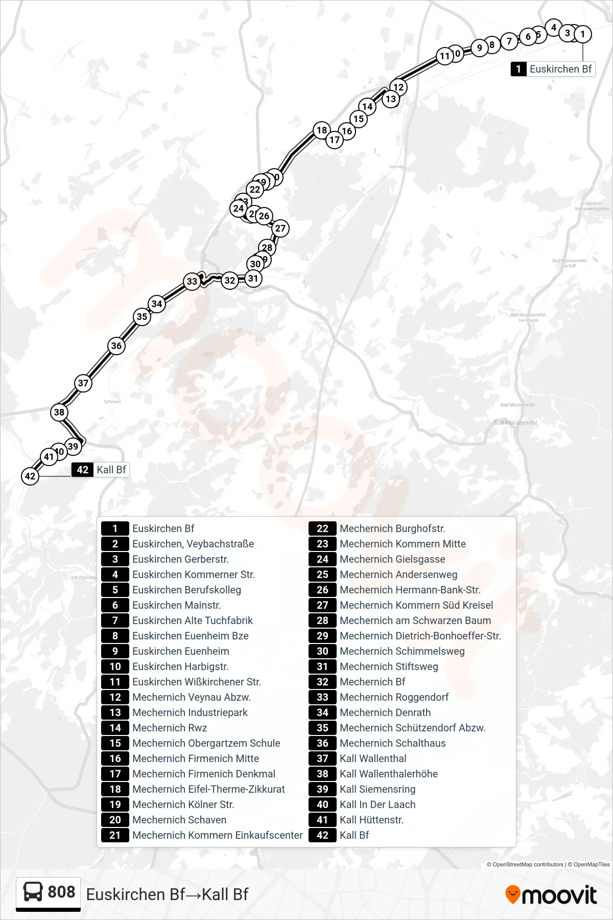 808 bus Line (Euskirchen Bf→Kall Bf) route and stops on a map