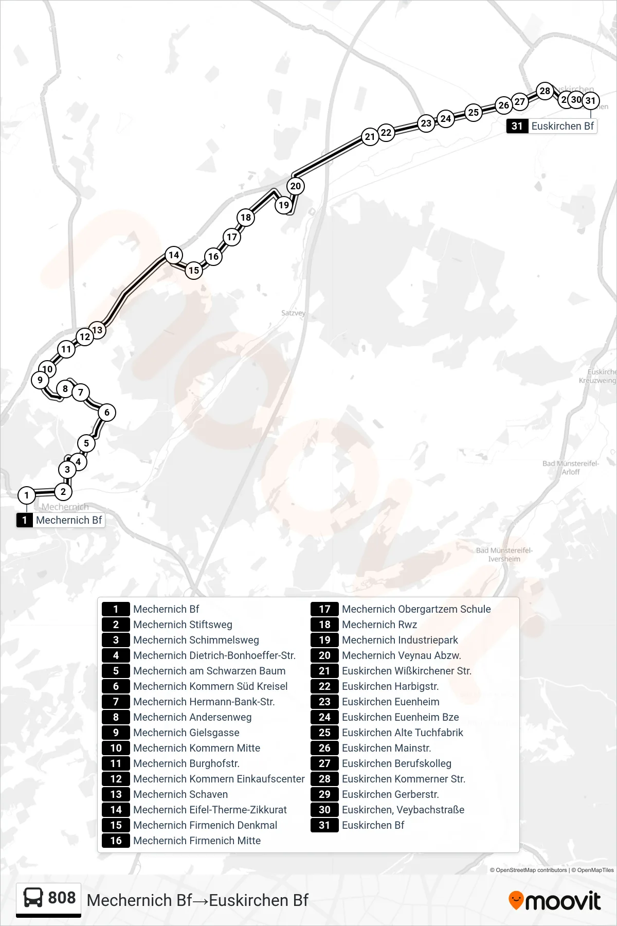 808 bus Line (Mechernich Bf→Euskirchen Bf) route and stops on a map