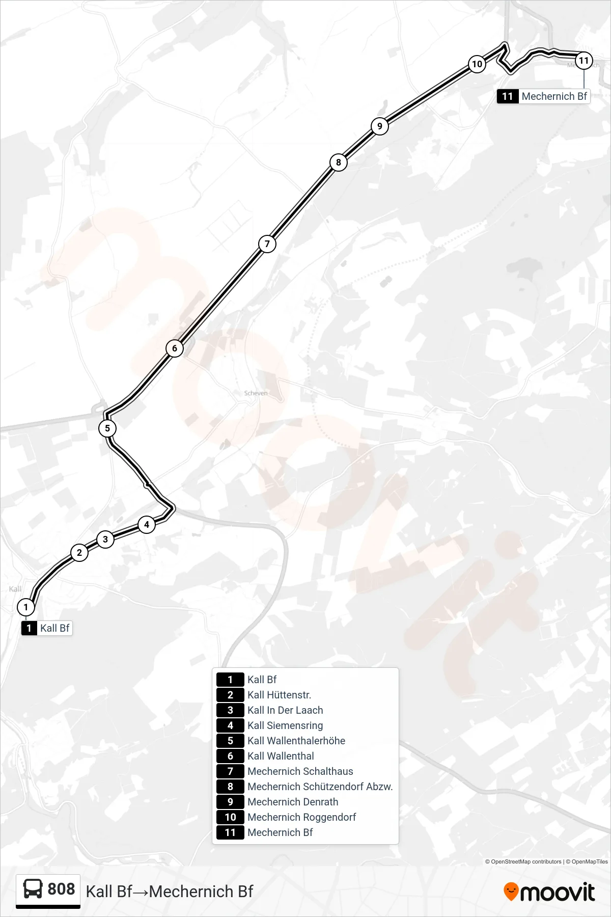 808 bus Line (Kall Bf→Mechernich Bf) route and stops on a map