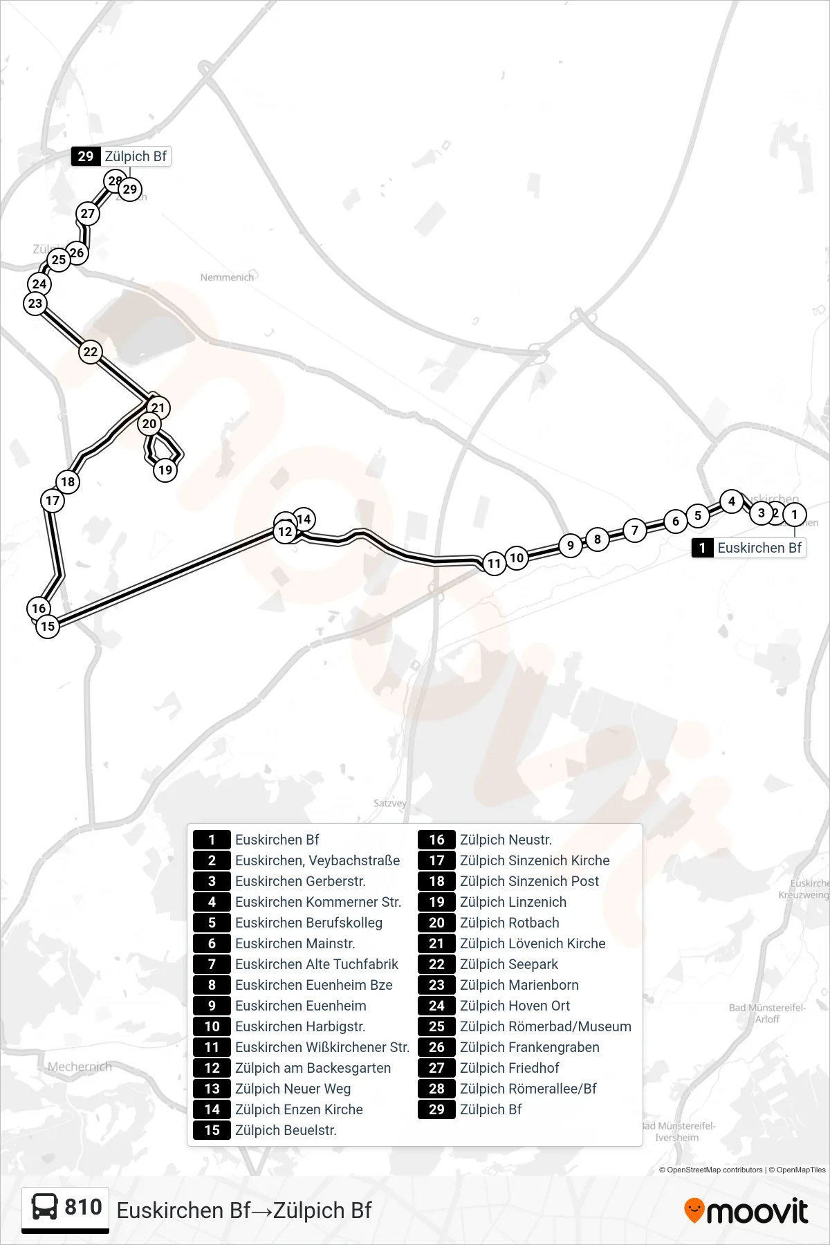Linie 810 (Bus) Richtung Euskirchen Bf‎→Zülpich Bf: Route und Haltestellen auf der Karte