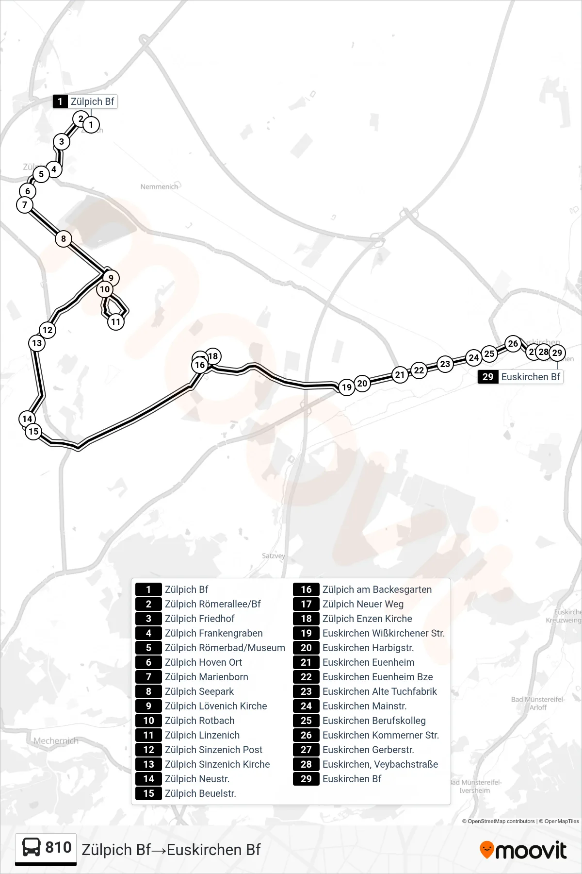 Linie 810 (Bus) Richtung Zülpich Bf→Euskirchen Bf: Route und Haltestellen auf der Karte