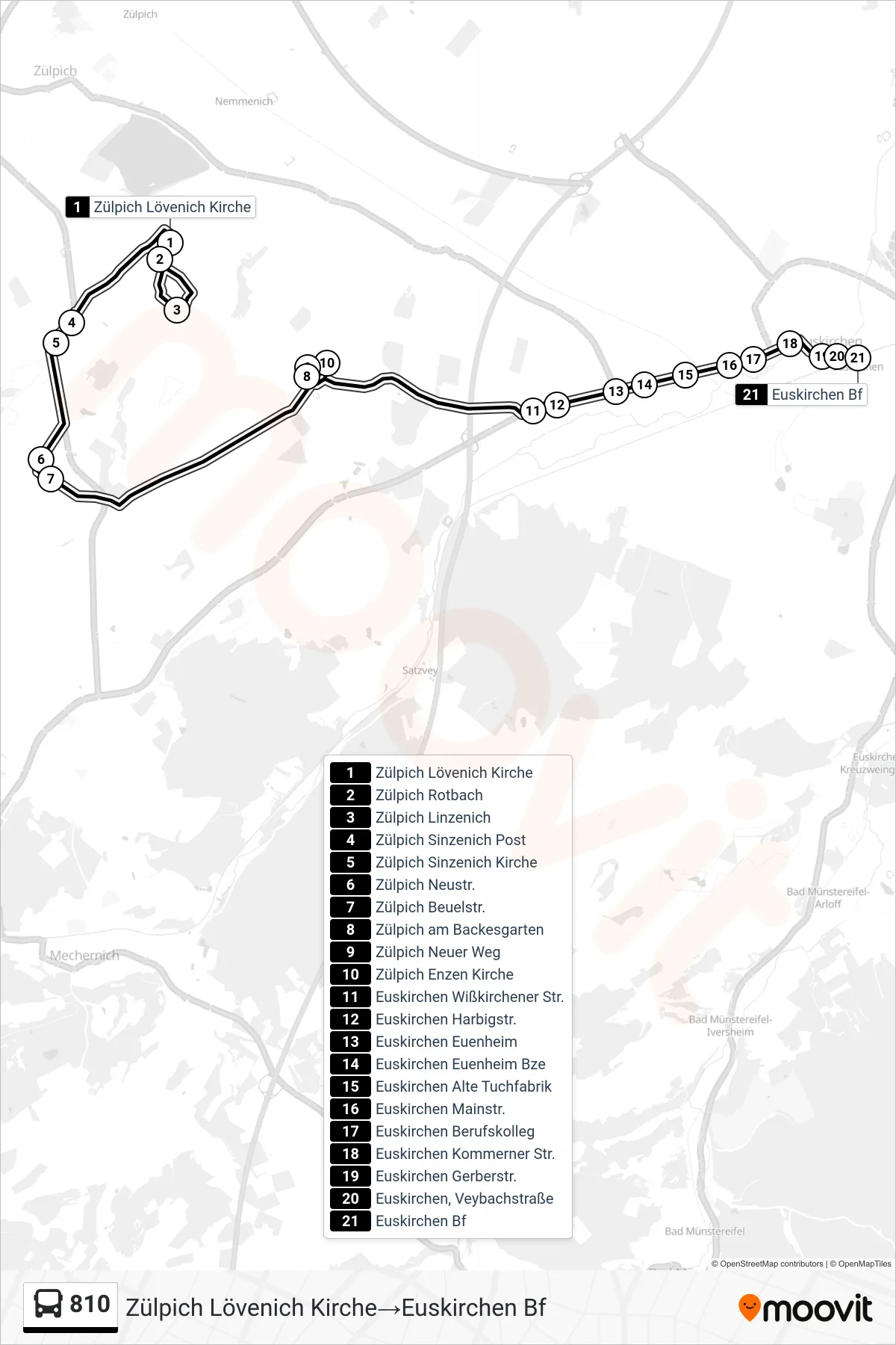 Linie 810 (Bus) Richtung Zülpich Lövenich Kirche‎→Euskirchen Bf: Route und Haltestellen auf der Karte